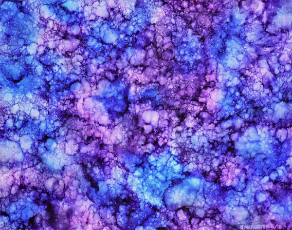 Abstract alcohol ink painting with blues, purples and white splotches throughout
