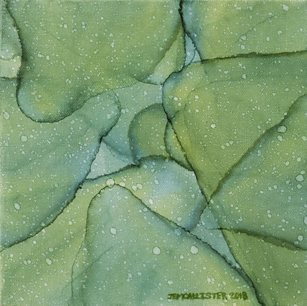 light and dark green abstract alcohol ink painting on canvas. Upclose view of leaves with lighter smaller varied sided dots throughout painting