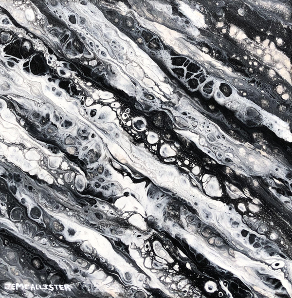 Fluid acrylic painting, black and white at a diagonal from upper left to lower right with cell looking shapes and streaks of black and white throughout.