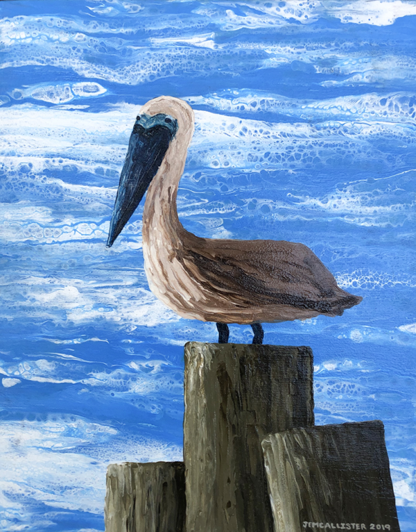 Fluid acrylic painting of a pelican standing a top of a pillar with clouds in the background.