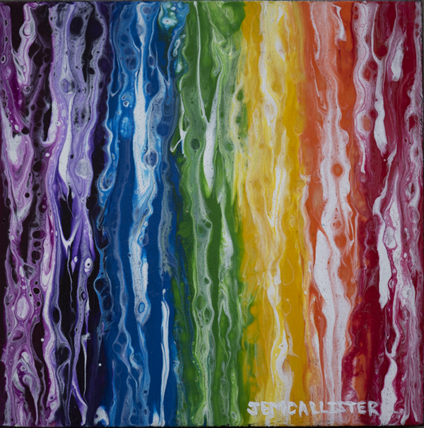 Fluid acrylic painting. Rainbow colors straight up and down with streaks of white throughout.
